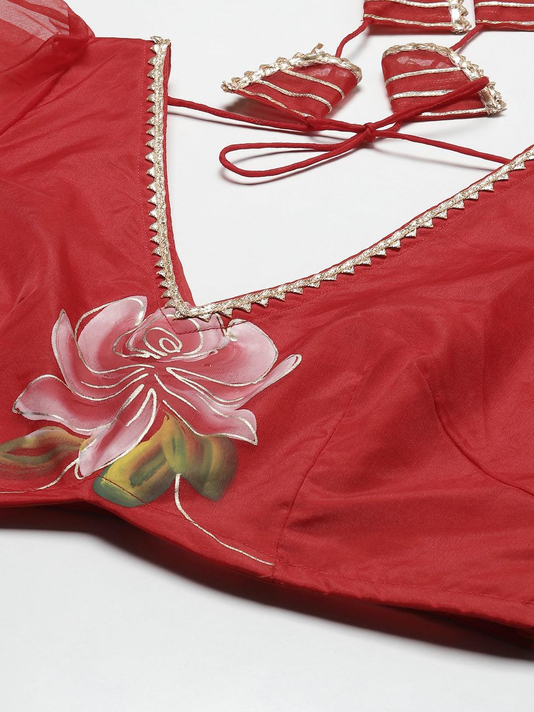 Dutika Red Hand Painted Organza Flared Lehenga Choli Set With Organza Dupatta